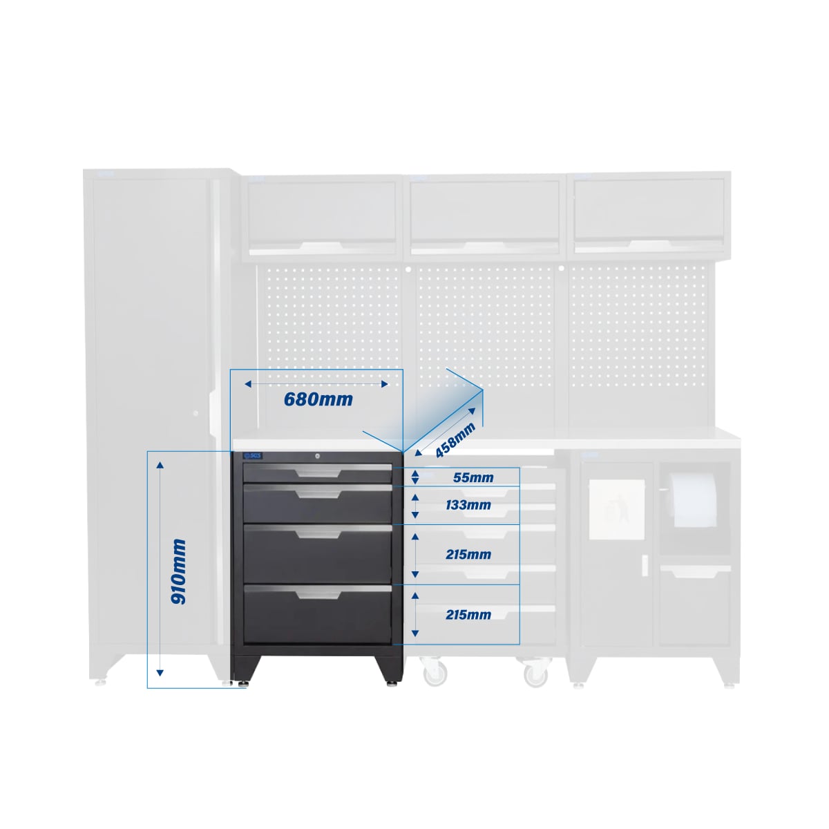 SGS 10pc Modular Garage Storage | 9 Drawers | Stainless Steel Worktop | Tall Single Cabinet | Bin Unit | Mobile Cabinet | 3x Upper Cabinets